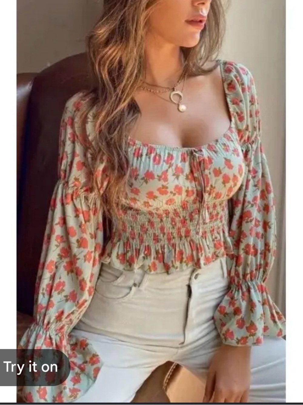 Floral Smocked Square-Neck Top - Sage with Coral Flowers